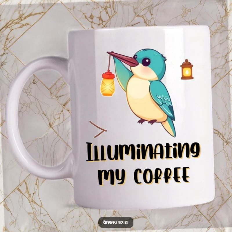 Funny Mug: A delighted kingfisher bird holding a small, glowing lantern high, symbolizing hope and gentle humor.