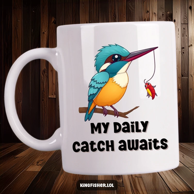 Funny Kingfisher Wink Mug: A comical kingfisher caught mid-wink, eyes sparkling, as it prepares to snag a dangling bug, showcasing playful mischief.