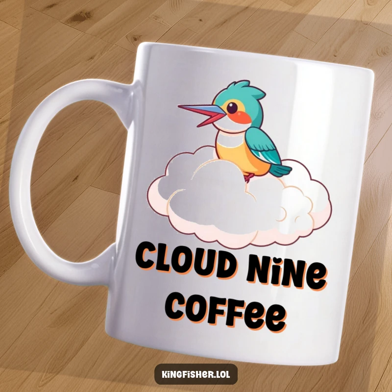 Funny Mug: A laughing kingfisher bird joyfully riding on the back of a large, fluffy cloud, conveying pure exhilaration.
