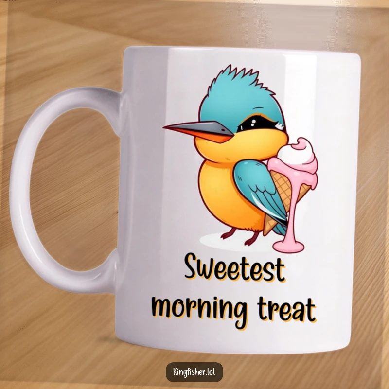 Funny kingfisher mug, a bird with a mischievous grin winks while holding a dripping ice cream cone, cheeky and delightful.