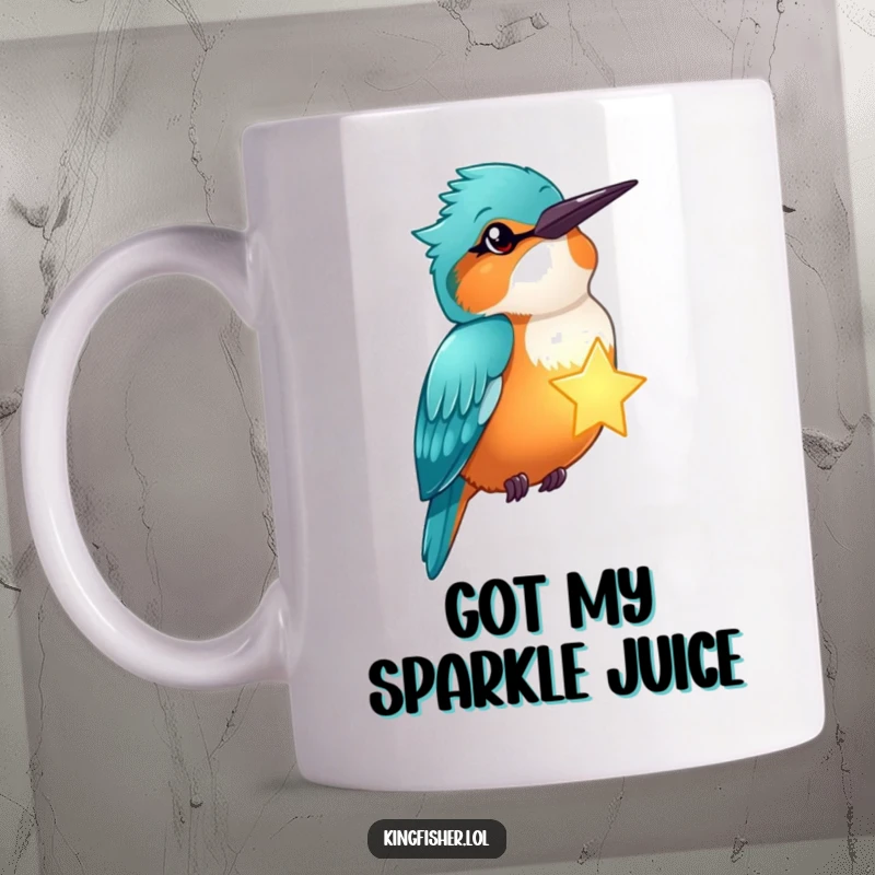 Funny kingfisher winking cheekily while holding a glowing star on a coffee mug, magical and humorous.