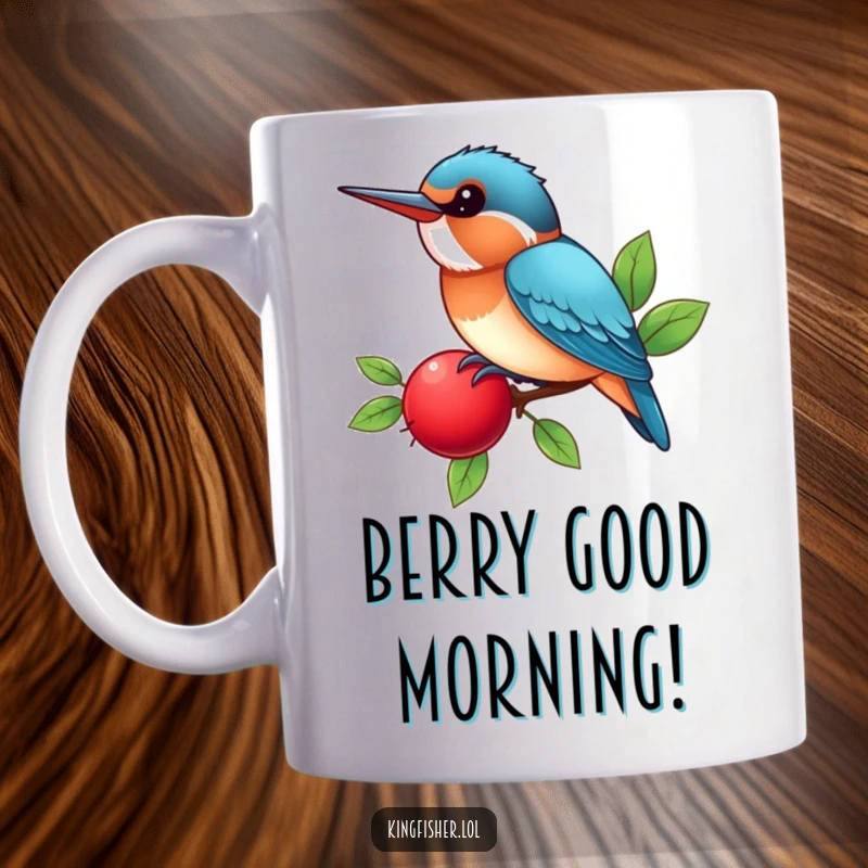 Funny Mug featuring a kawaii Kingfisher bird perched happily on a bright red berry, chirping with joy.