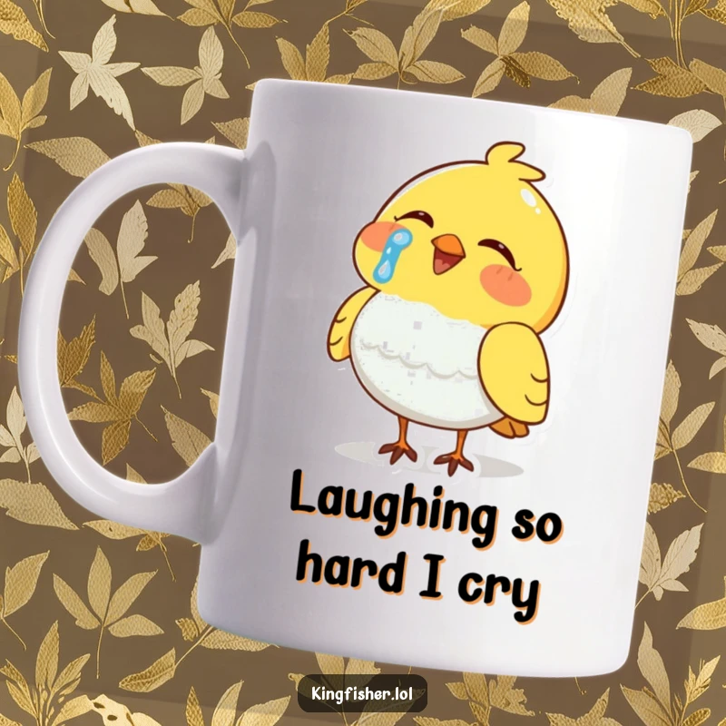 Funny Mug: A comical bird sheds a single tear while bursting into hearty laughter, expressing extreme amusement.