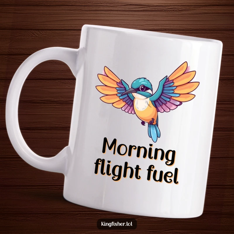 Funny Mug featuring a kawaii Kingfisher bird with wings spread wide mid-flight, trailing colorful feathers, symbolizing joyful freedom.
