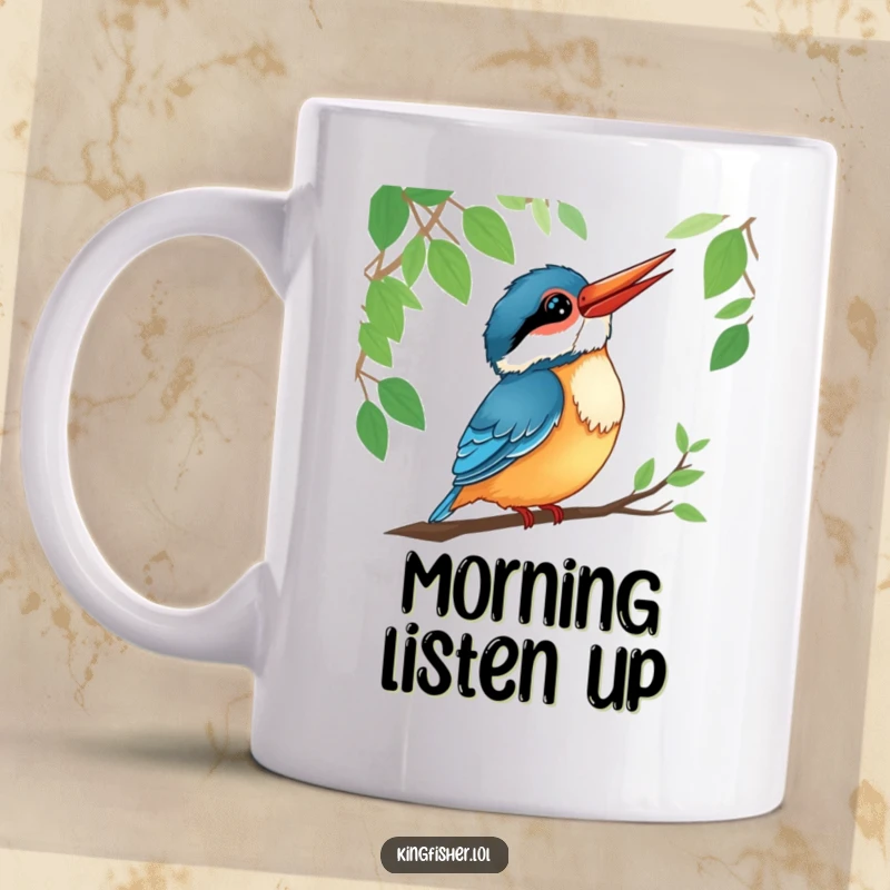 Funny kingfisher bird mug, tilting its head with a smile, listening intently to hidden forest sounds.
