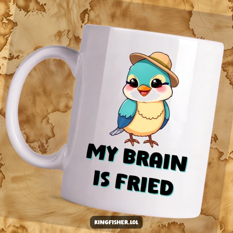 Funny kingfisher bird wearing a tiny fishing hat with a silly grin, holding a mug, perfect funny gift.