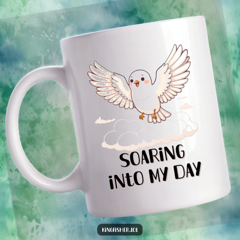 Funny Joyful Bird Mug: A bird with spread wings glides joyfully through fluffy clouds. A funny mug for dreamers.