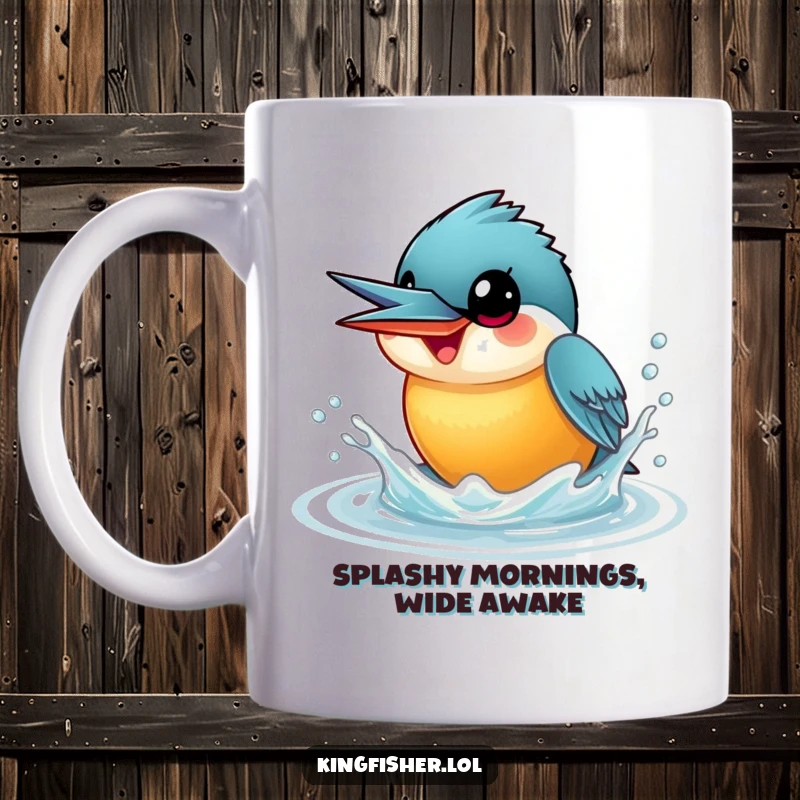 Funny Kingfisher Mug featuring a smiling kingfisher with wide eyes, joyfully splashing water upwards in a playful, energetic display.