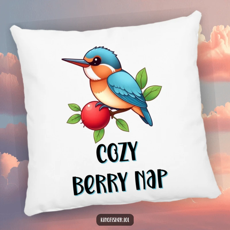 Funny Kingfisher Pillow featuring a kawaii bird happily perched on a bright red berry, chirping, offering soft and humorous comfort.