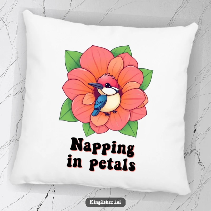 Funny Kingfisher Pillow featuring a kawaii bird peeking from a giant, vibrant flower, offering soft and humorous comfort.