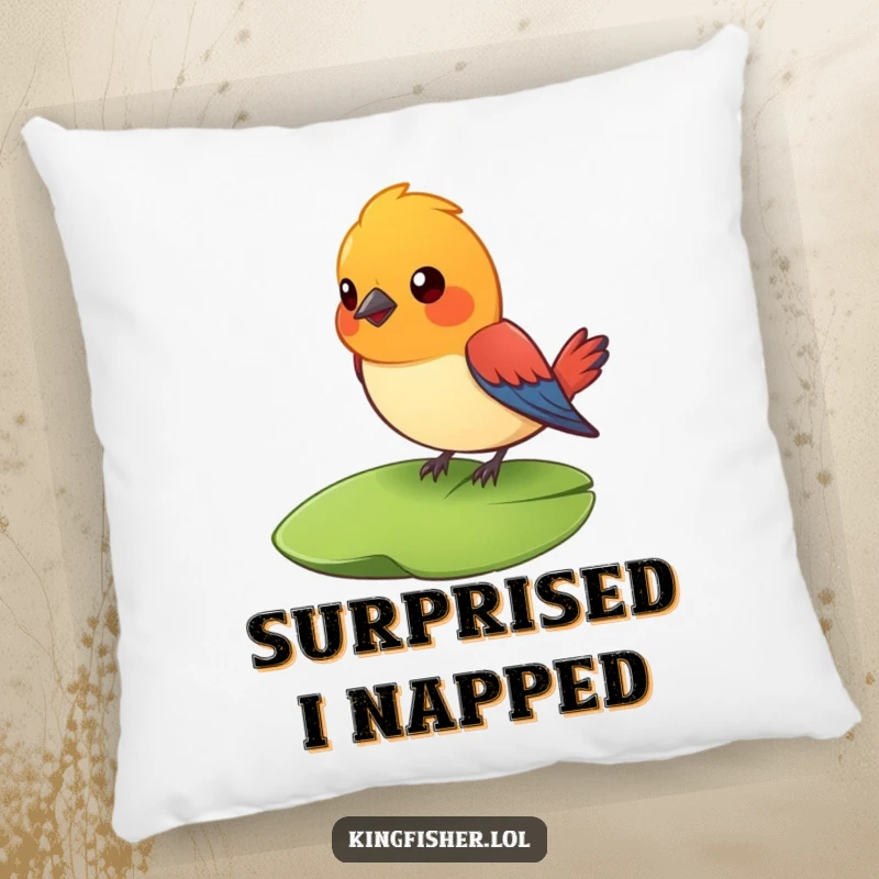 Funny Surprised Bird Pillow: A colorful bird perches on a lily pad, looking comically surprised. A funny and soft accent.