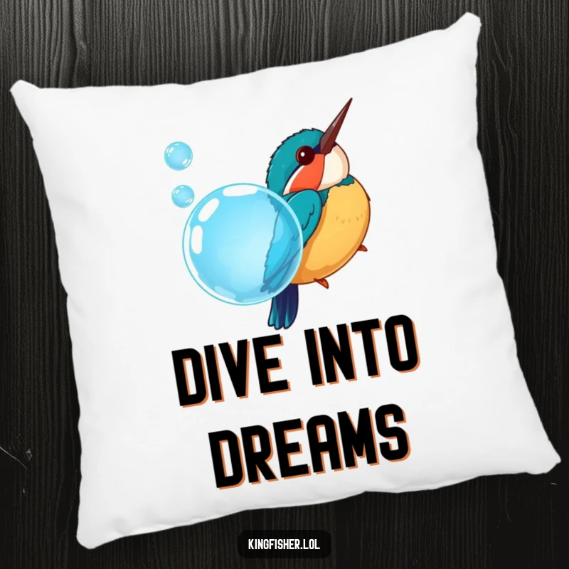 Funny pillow featuring a chubby kingfisher bird in a dynamic dive into a shimmering blue bubble, adding playful decor.