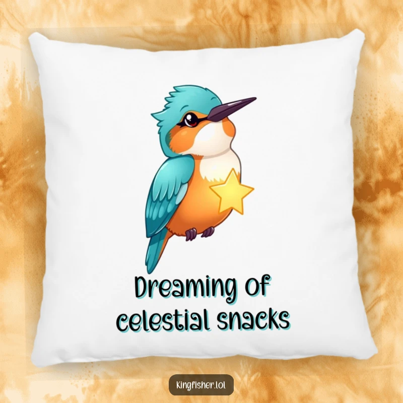 Funny kingfisher winks, holding a glowing star, on a decorative pillow, bringing celestial humor to any room.