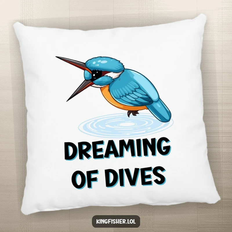 Funny Pillow featuring a small, blue kingfisher diving headfirst into shimmering water, perfect for cozy comfort and natural beauty.