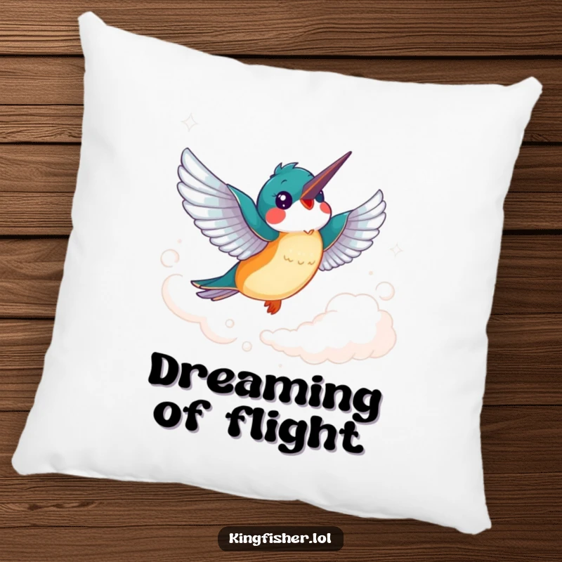 Funny Kingfisher Pillow: A cheerful kingfisher bird with flapping wings soars joyfully through a wispy cloud, plush joy.