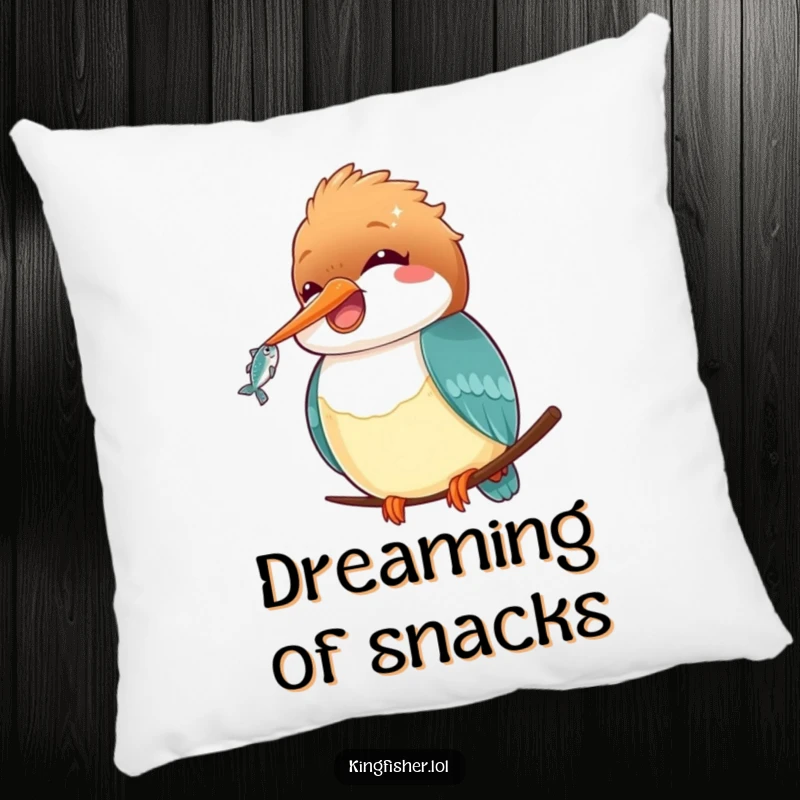 Funny Kawaii Kingfisher Pillow: A soft pillow featuring a cute kingfisher holding a fish, adding a funny and cozy touch.
