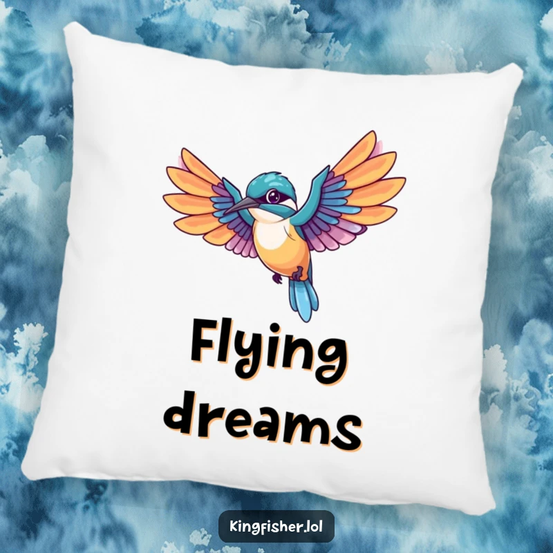 Funny Kingfisher Pillow featuring a kawaii bird mid-flight with wings spread wide, trailing colorful feathers, offering soft and humorous comfort.