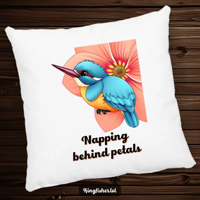 Funny pillow featuring a curious kingfisher bird peeking from behind a large flower, offering comfort and intrigue.