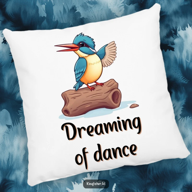 Funny Kingfisher Pillow: An excited bird dancing on a driftwood log, offering soft comfort and joy.