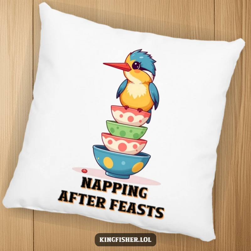 Funny pillow featuring a giggling kingfisher bird balancing a stack of colorful food bowls, offering comfort and a playful touch.
