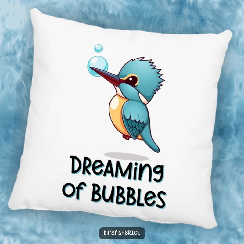 Funny Kingfisher Pillow: A soft pillow showcasing a kingfisher curiously watching a bubble, a funny and comforting decor piece.
