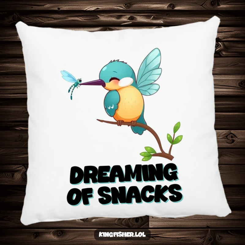 Funny Kingfisher Pillow: A smiling kingfisher bird playfully pecks at a shimmering dragonfly, offering plush amusement.