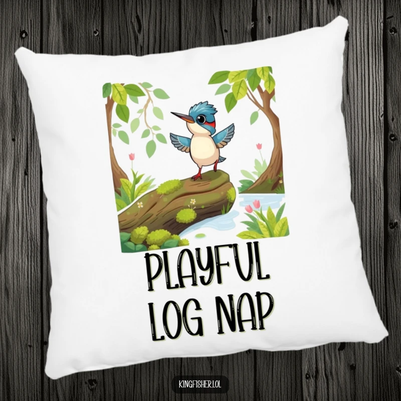 Funny Playful Kingfisher Pillow: A playful kingfisher bird hopping excitedly on a mossy log.