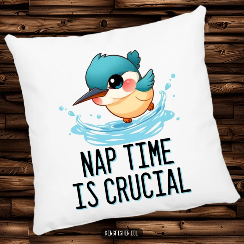 Funny Kingfisher Pillow: A tiny, big-eyed kingfisher bird dives headfirst into sparkling blue water, offering plush humor.