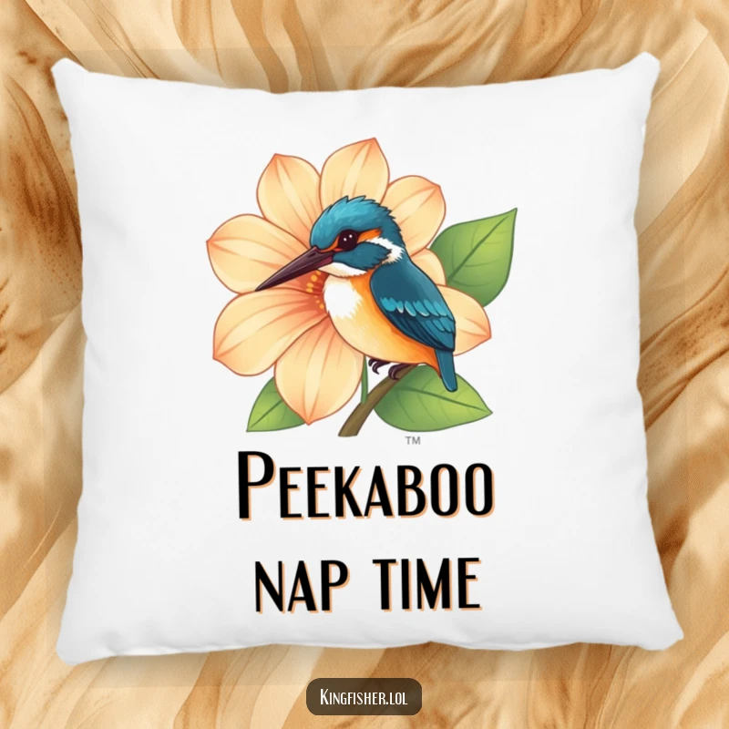 Funny Kingfisher Pillow showcasing a curious kingfisher peeking from behind a large, beautifully detailed, vibrant flower.