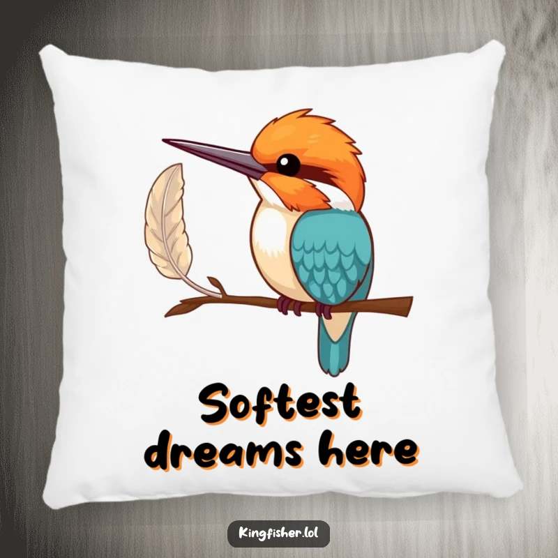 Funny Pillow: A shy kingfisher bird offering a delicate feather, bringing soft comfort and sweet humor.