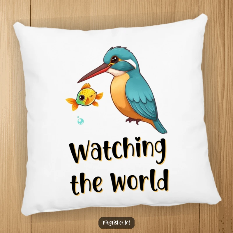 Funny Kingfisher Pillow: A curious kingfisher bird tilts its head, watching a brightly colored fish swim by, plush observation.