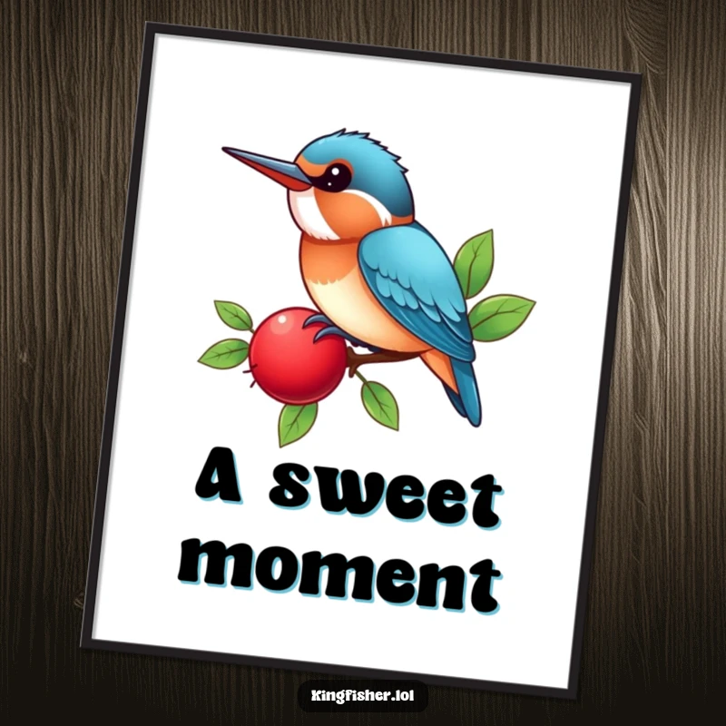Funny Kingfisher Digital Art Print showing a kawaii bird happily perched on a bright red berry, chirping, a joyful and humorous decor piece.