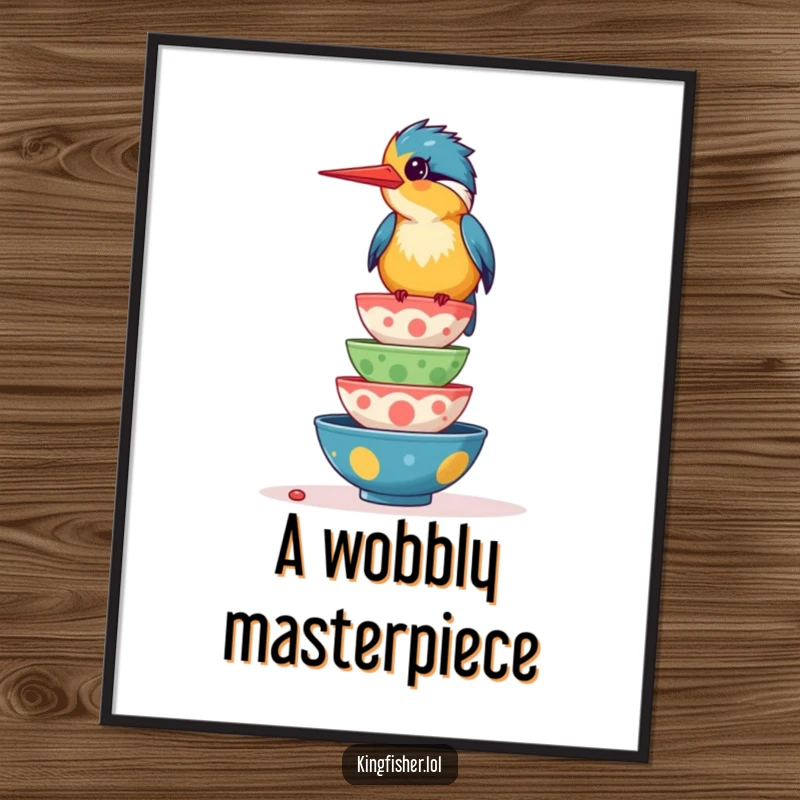 Funny digital art print of a giggling kingfisher bird balancing food bowls, ready for instant foodie-themed decor.