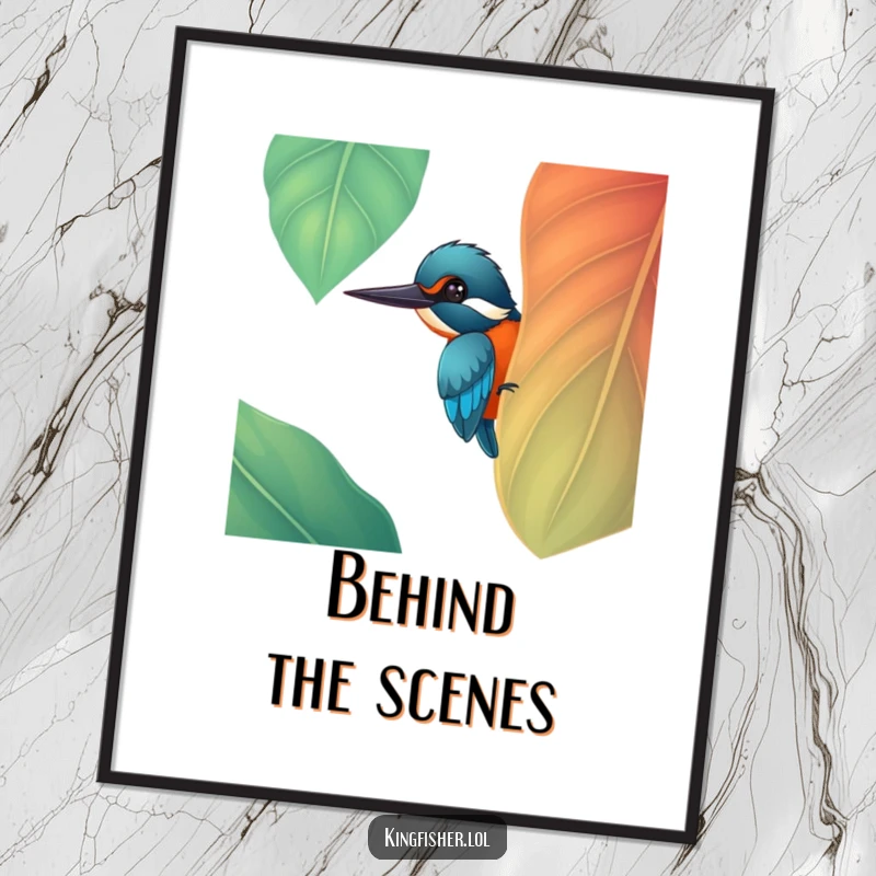 Funny digital artwork of a cheerful kingfisher bird peeking from behind a large, colorful leaf, printable art, a funny gift.
