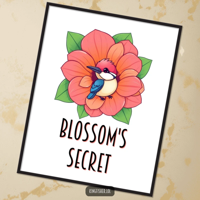 Funny Kingfisher Digital Art Print showing a kawaii bird peeking from a giant, vibrant flower, a whimsical and humorous decor piece.