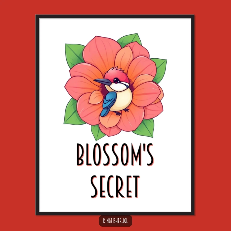 Whimsical Funny Kingfisher Art Print: Flower Peek Charm, A Playful Humorous Gift