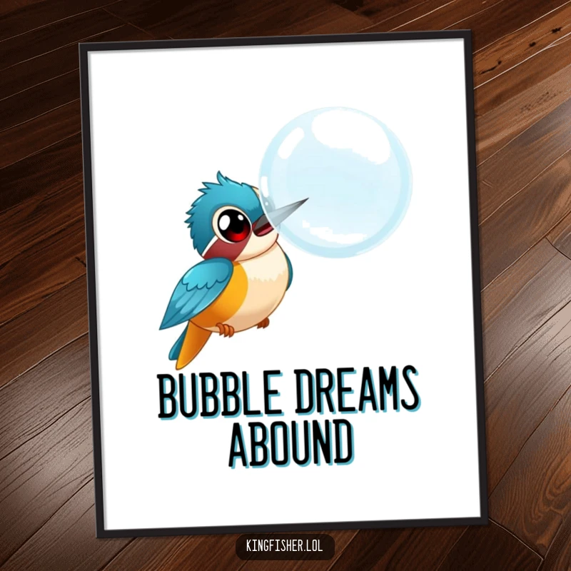 Funny kingfisher digital art print, wide-eyed bird comically chasing a huge bubble, instant downloadable humor.