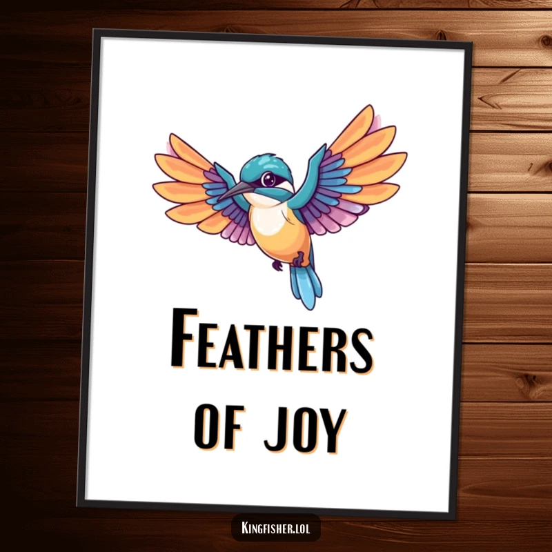 Funny Kingfisher Digital Art Print showing a kawaii bird mid-flight with wings spread wide, trailing colorful feathers, a dynamic and humorous decor piece.