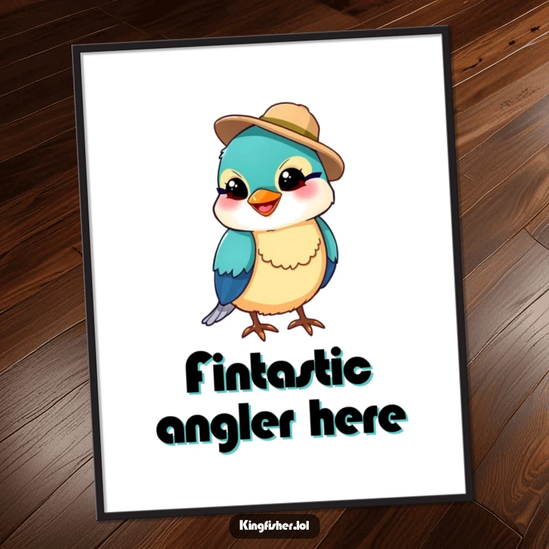 Funny digital artwork of a tiny kingfisher bird with a silly grin wearing a minuscule fishing hat, printable art, a funny gift.