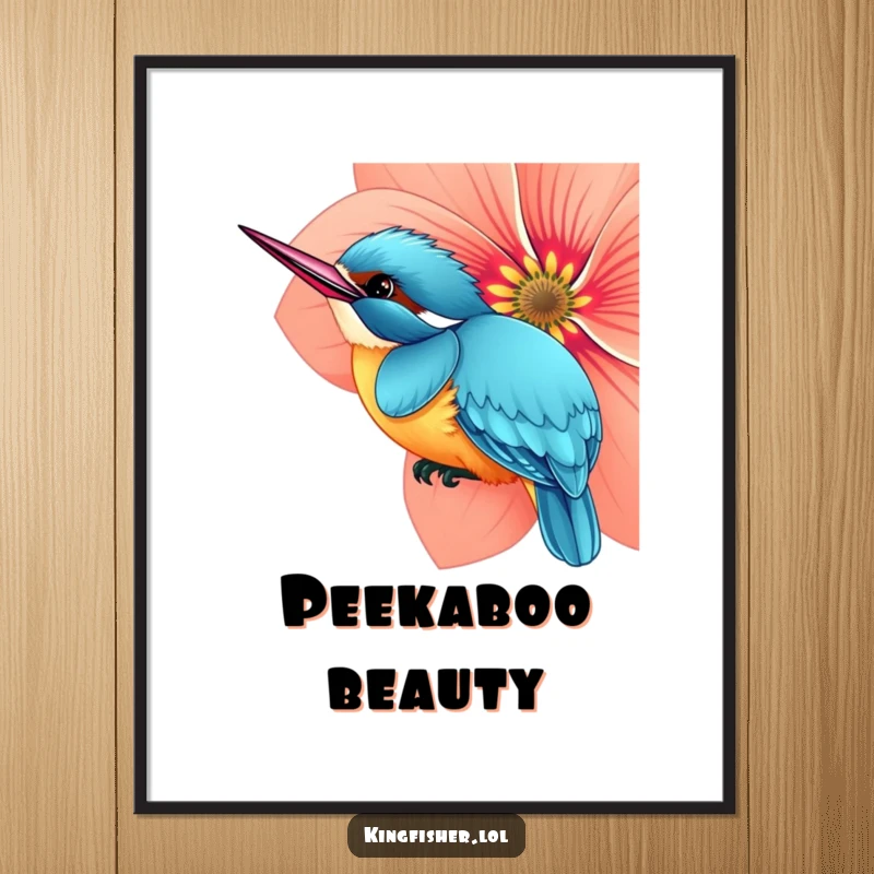 Funny digital art print of a curious kingfisher bird peeking from behind a flower, ready for instant playful decor.
