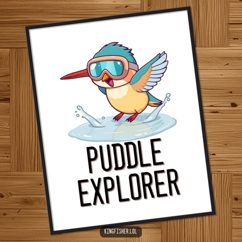 Funny kingfisher digital art print, a bird wearing goggles splashing in a puddle, instant downloadable fun.