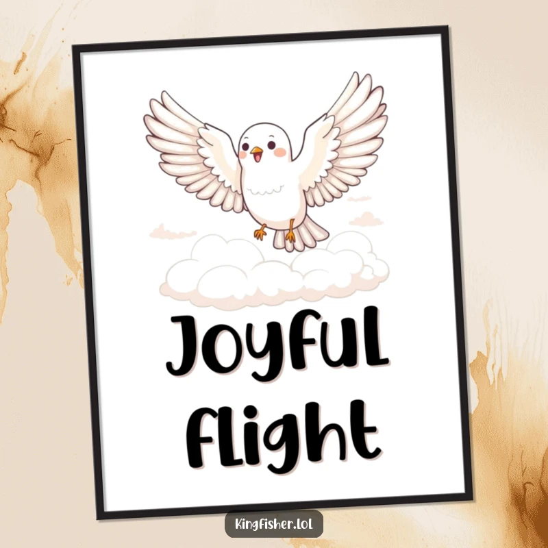 Funny Joyful Bird Digital Art Print: A bird glides joyfully through fluffy clouds. Instant funny decor.