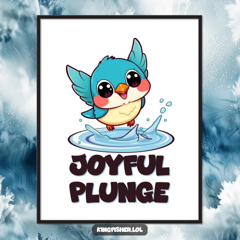 Funny Digital Art: A kawaii kingfisher bird with huge happy eyes, captured in a dynamic headfirst dive, full of playful energy.