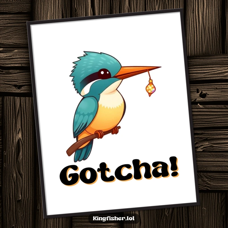 Funny Kingfisher Digital Art Print of a kawaii kingfisher with wide eyes, catching a sparkling, tiny fish in its beak.