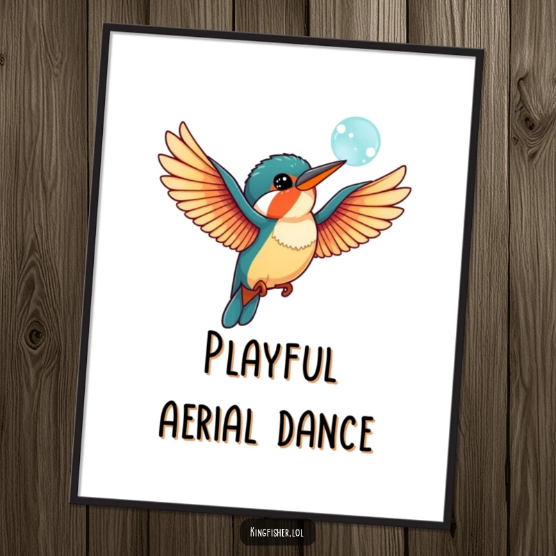 Funny kingfisher bird digital art print with outstretched wings, playfully chasing a bubble, perfect for adding whimsical humor to any space.