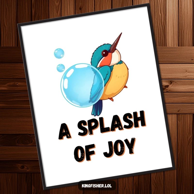 Funny digital art print of a chubby kingfisher bird diving into a sparkling blue bubble, ready for instant home decor.