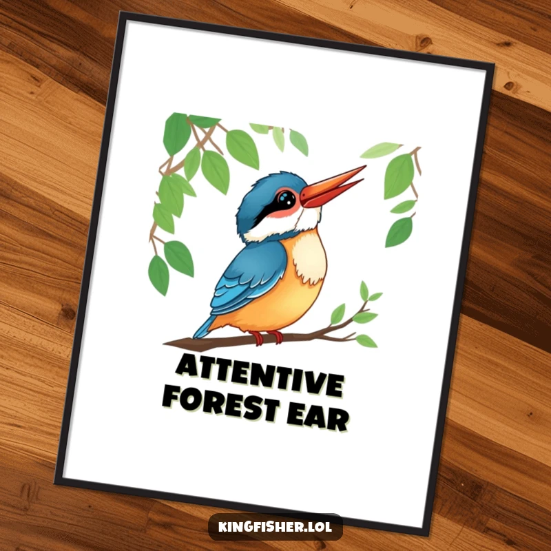 Funny kingfisher digital art print of a smiling bird tilting its head, listening intently to forest sounds.