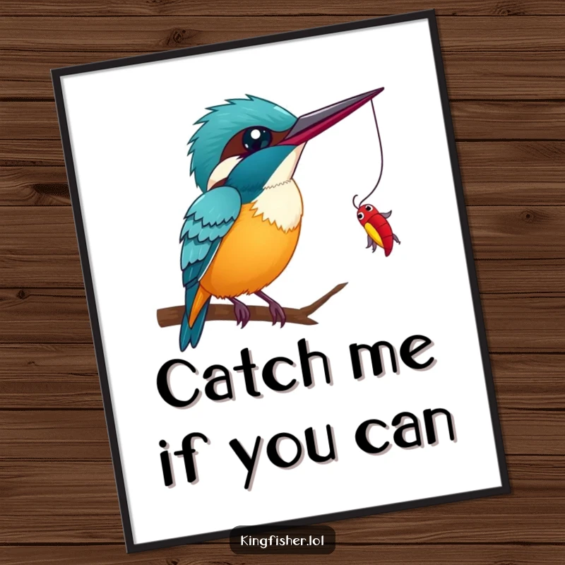 Funny Kingfisher Wink Digital Art Print: A vibrant, humorous artwork of a kingfisher winking as it aims to catch a dangling bug.