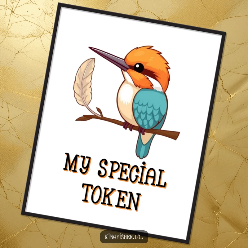 Funny Digital Art Print: A shy kingfisher bird offering a perfect feather, symbolizing gentle kindness and understated humor.