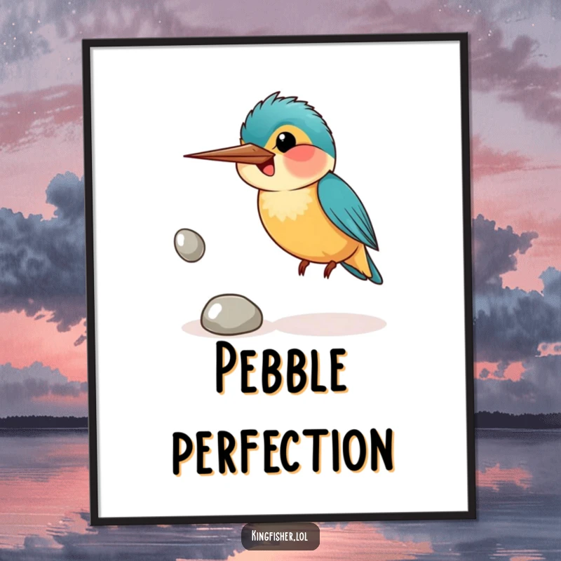 Funny digital art print of a smiling kingfisher bird awkwardly juggling pebbles, ready for instant inspirational decor.